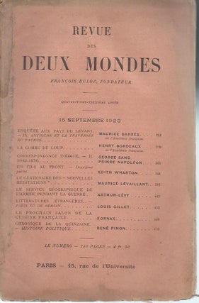 Item #48731 Revue des Deux Mondes: 15 Septembre 1923. Edith Wharton, François Buloz,...