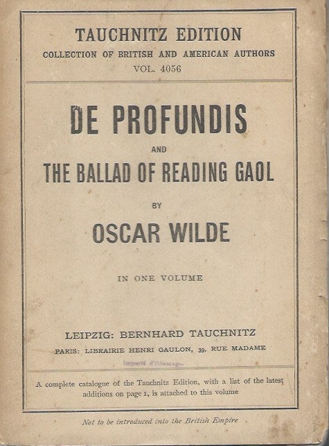 Item #61262 De Profundis and The Ballad of Reading Gaol. Oscar Wilde.